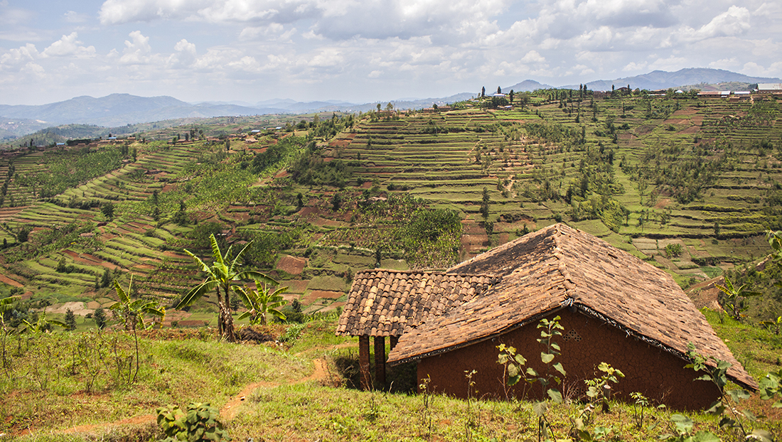 Utsikt över den vackra och bergiga rwandiska landsbygden.